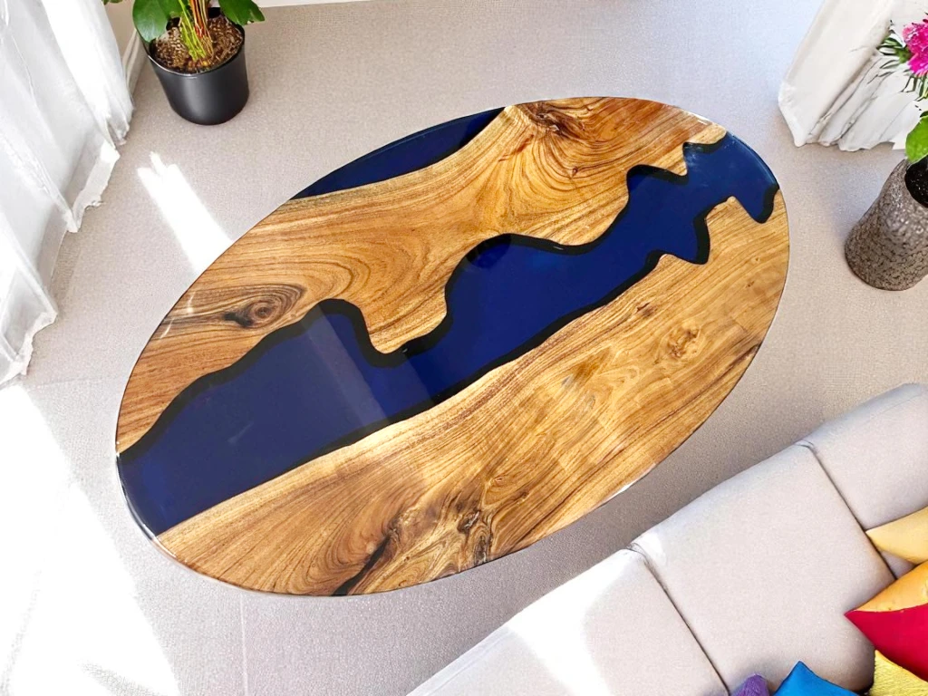 Stylish Oval Wood Epoxy Live Edge Coffee Table for Sale